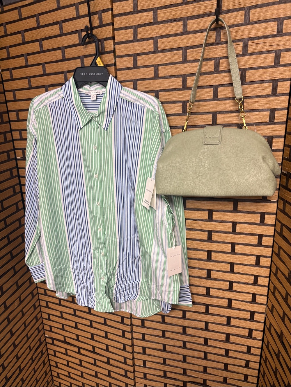 Free Assembly Blue And green Stripe Button Down Shirt Size Large And Green Purse